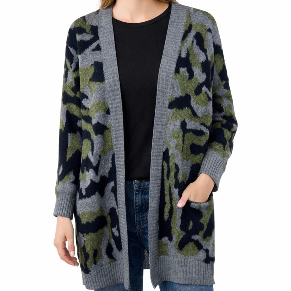 Dreamers NWT Womens Camo Open Front Long Sleeve Cardigan Knit Sweater Size S